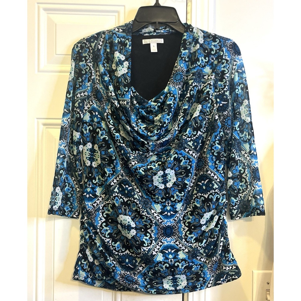 Dana Buchman Boho Chic Top Womens S Blue Stretch Knit Cowl Neck 3/4 Sleeves